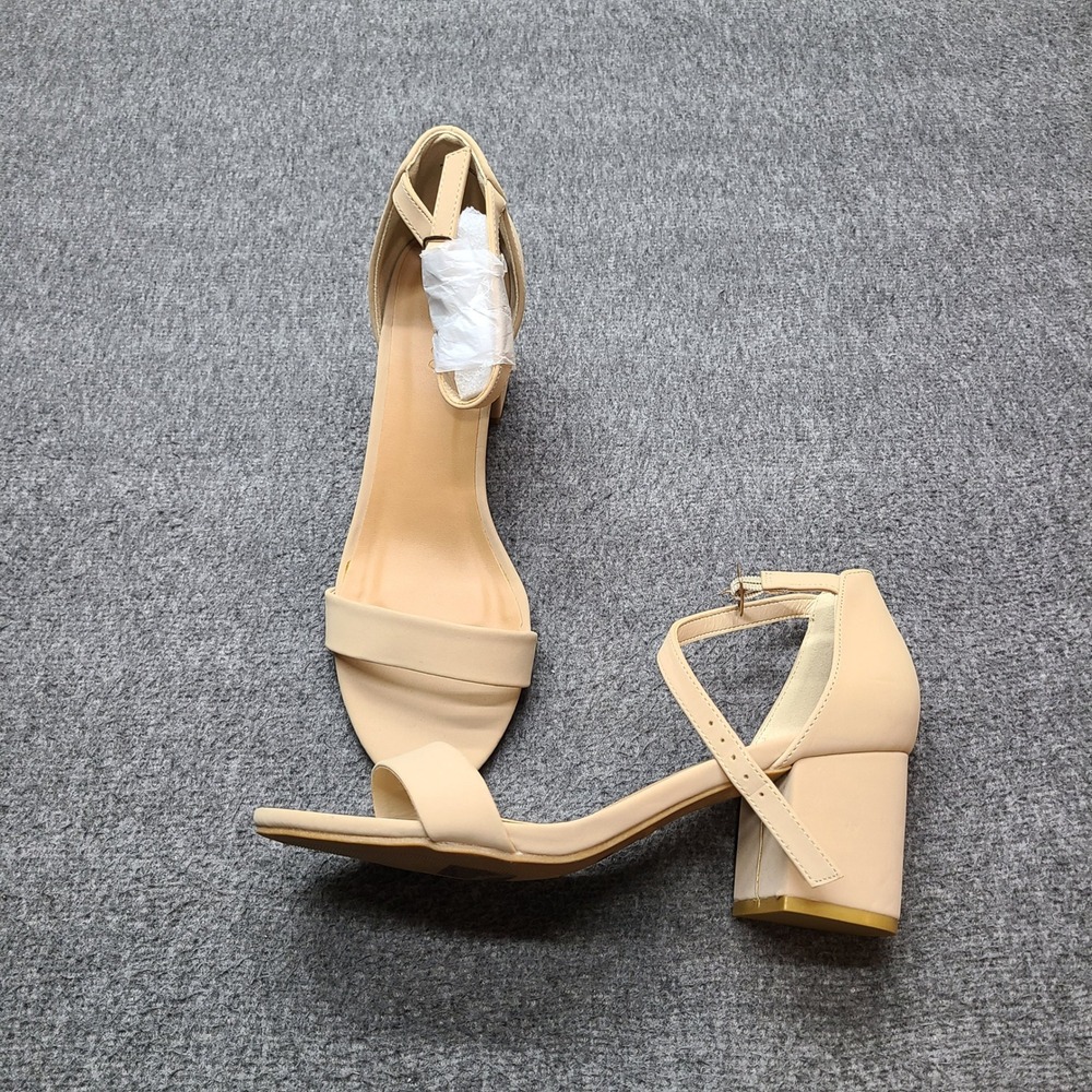 Beige Block Heel Ankle Strap Sandals for Women